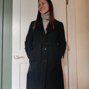Oversized black wool coat with tie